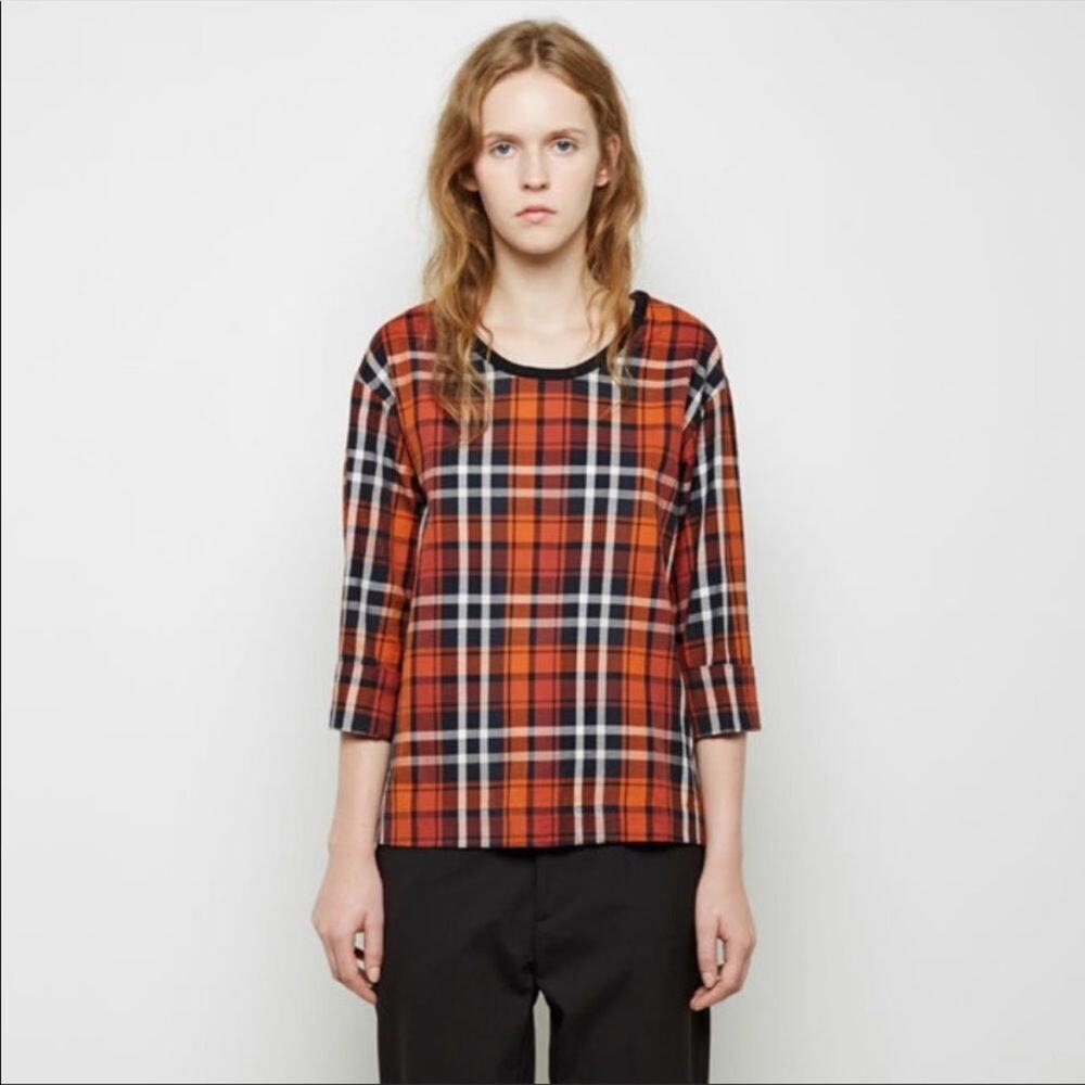 Margaret Howell Italian Cuffed Cotton Plaid Blouse in Red and Orange, size 8